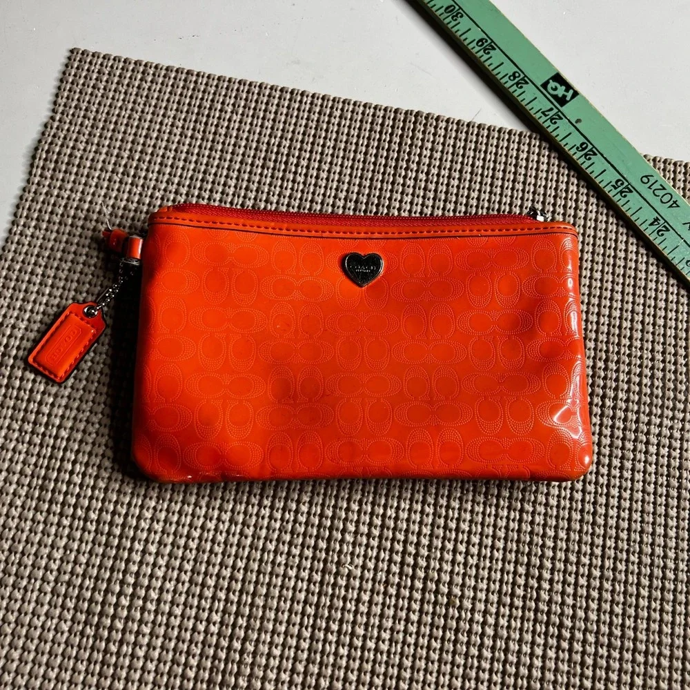 Coach Orange Patent Leather Signature C Monogram Heart Wristlet Pouch